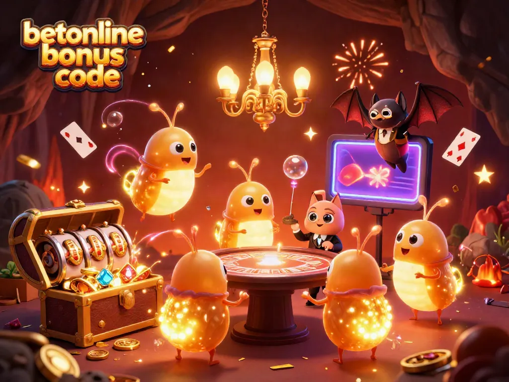 Experience casino excitement with betonline bonus code in vibrant illustration of glowworms and casino scenes.