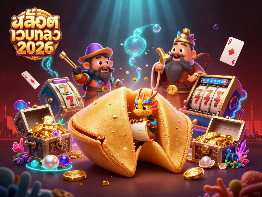 Engaging 3D illustration of สล็อตเว็บตรง 2026 featuring a giant fortune cookie and a wise dragon in a vibrant casino setting.