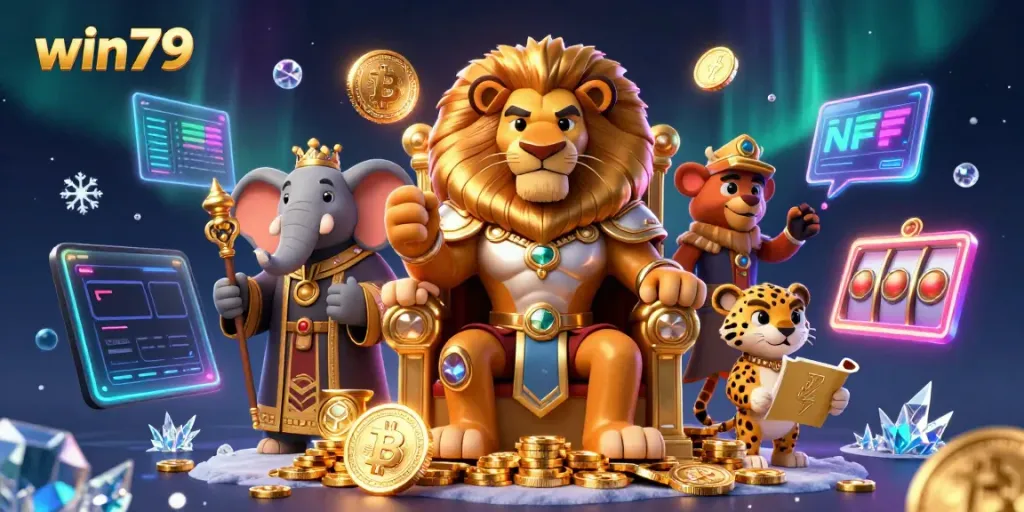 Win79 depicts a vibrant casino scene showcasing wealth and gambling excitement through a regal lion king and gambling elements.