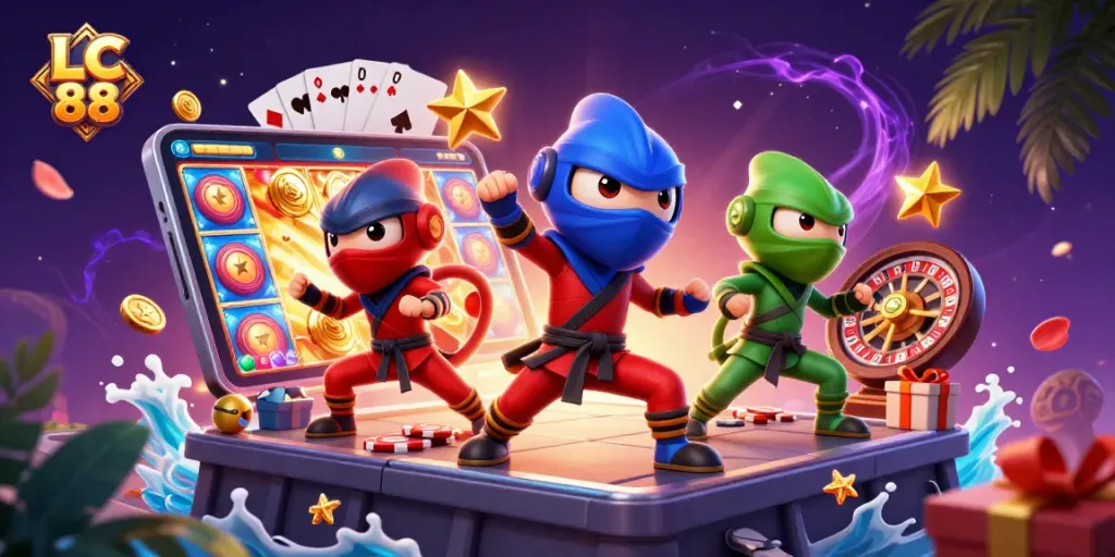 Engage with exhilarating slots and betting experiences at LC 88 with a dynamic 3D scene featuring ninja chameleons.