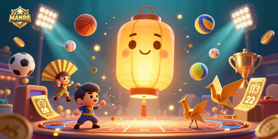Engage in thrilling betting experiences with MAN88's vibrant casino scene featuring sports elements and lucky symbols.