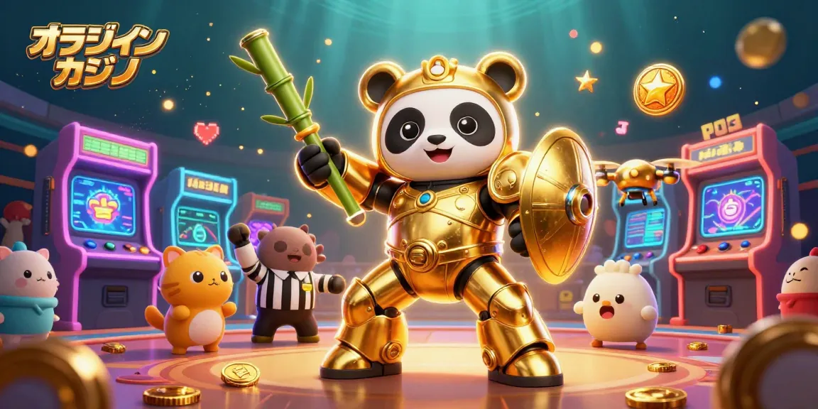 オンライン カジノでゲームをプレイするために、黄金のパンダが操縦するロボットが登場するシーン
