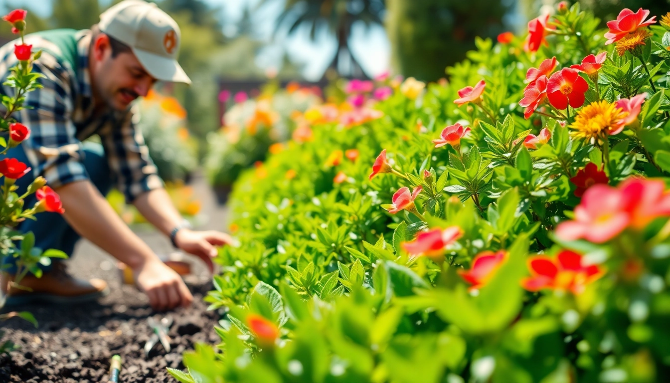 Landscapers near me working in a colorful garden, enhancing outdoor spaces with professional care.