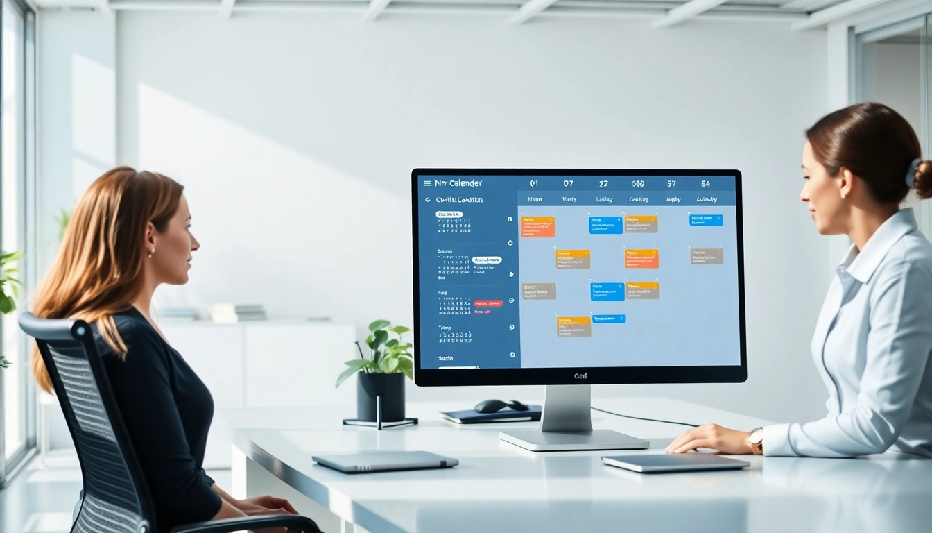 Visual representation of a digital calendar fixing conflicts automatically in a modern office.