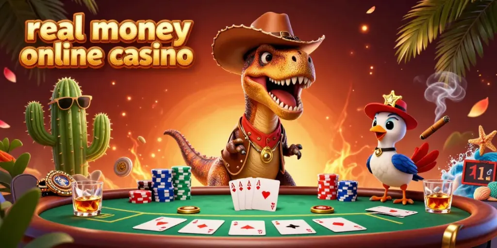 Experience the excitement of a real money online casino with a cowboy dinosaur, poker table, and colorful chips.