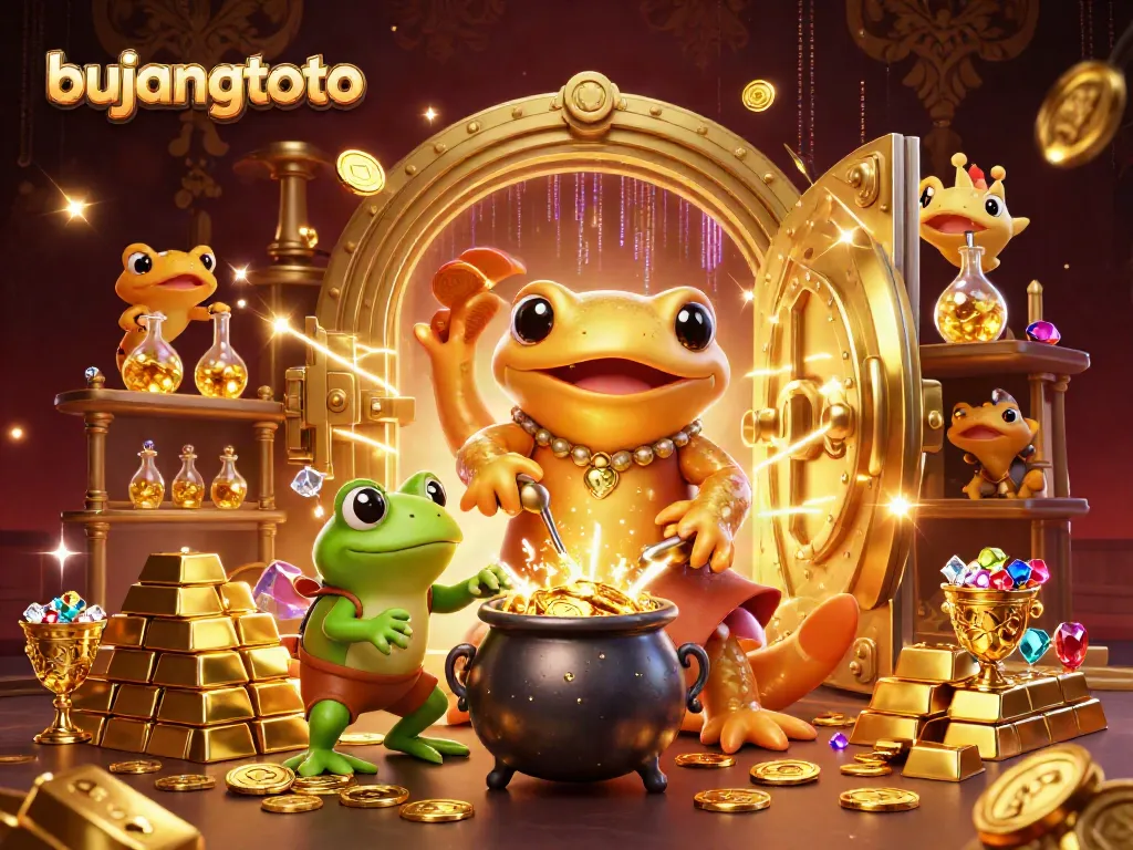 Engage with bujangtoto as a golden salamander alchemist transforms base metals into coins, surrounded by treasure.