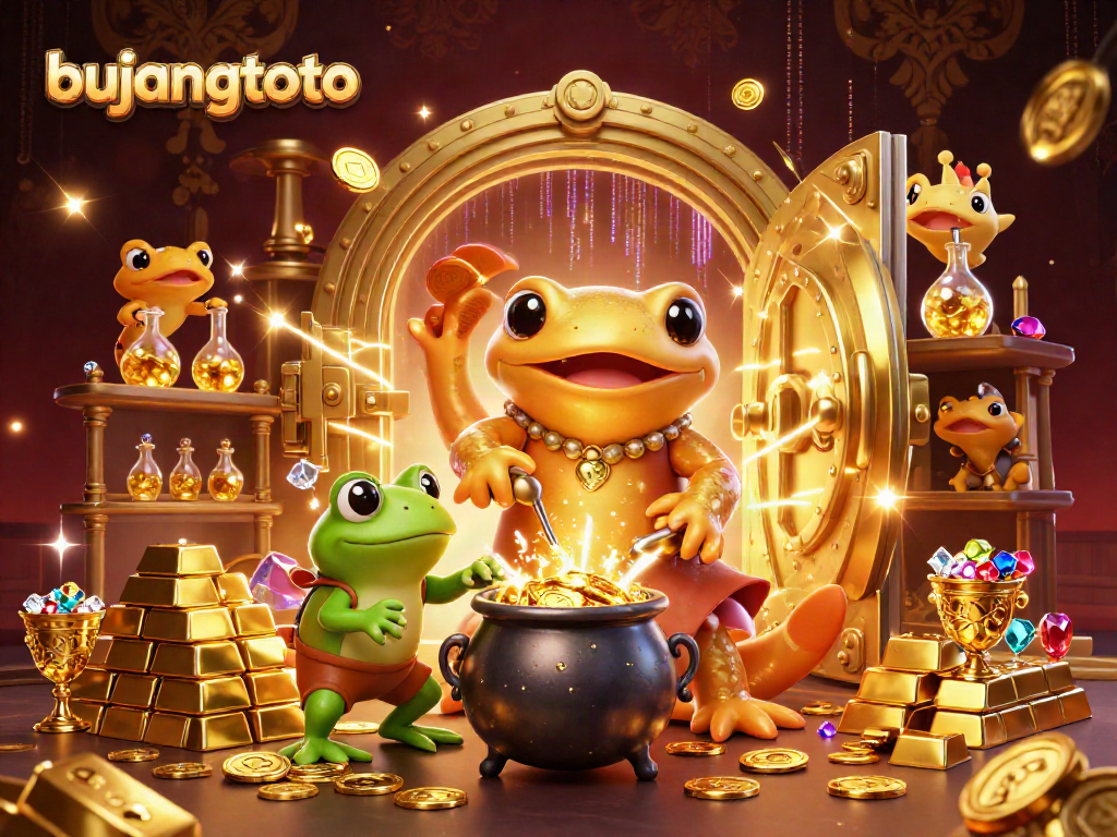 Engage with bujangtoto as a golden salamander alchemist transforms base metals into coins, surrounded by treasure.