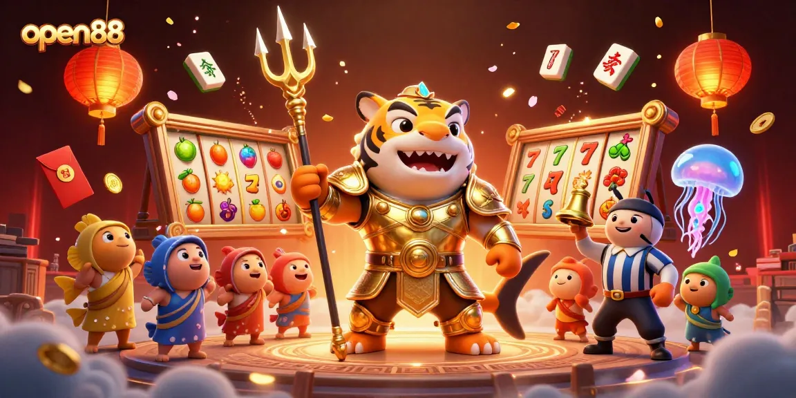 Experience the excitement of open88 with a dynamic casino scene featuring a tiger shark in gladiator armor.