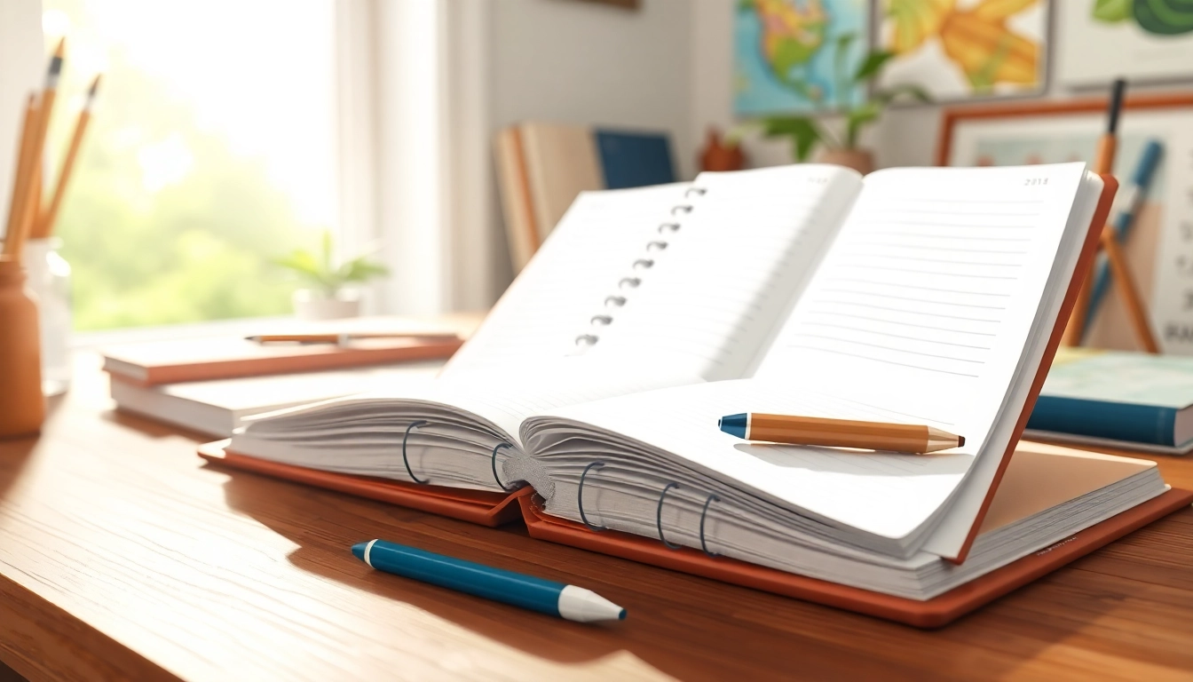 Showcasing stylus-friendly planners on a wooden desk with artistic stationery elements.