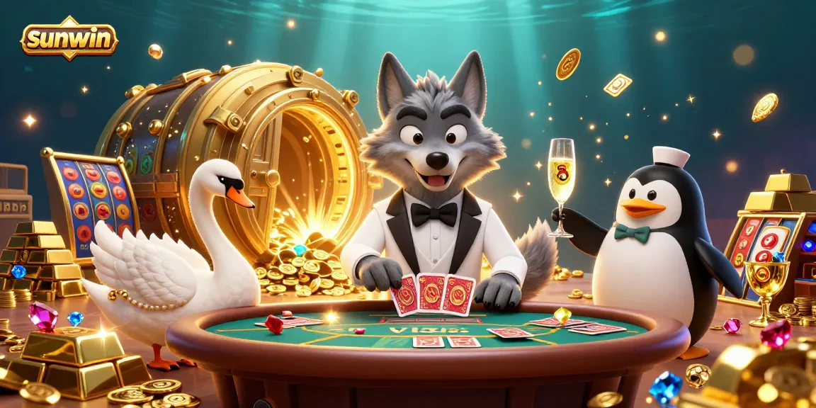 Play exciting baccarat at sunwin with a debonair wolf, swan dealer, and penguin sommelier amidst treasures.