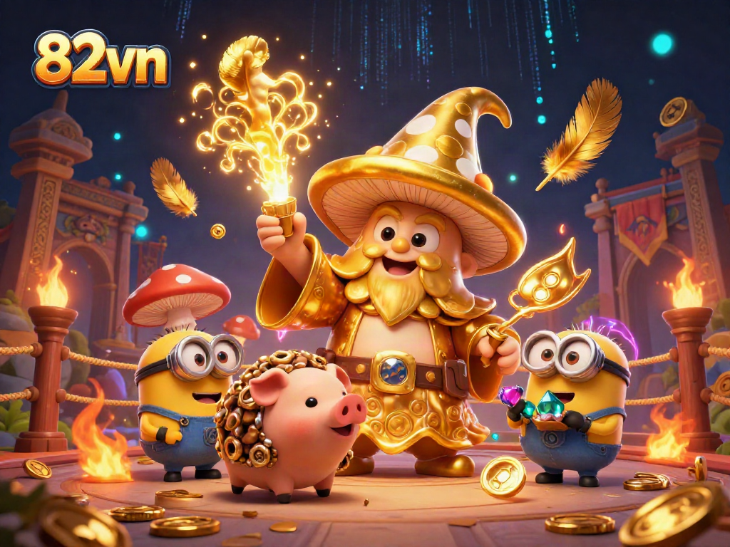 Experience the magic of 82vn with a golden mushroom wizard and treasure-filled scene.