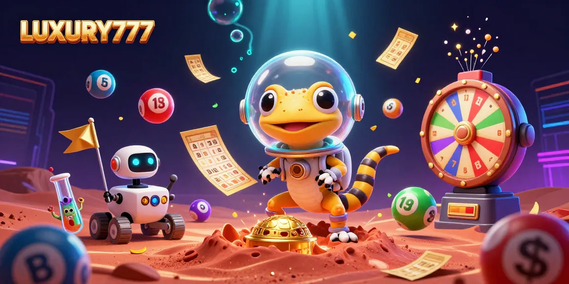 LUXURY777 menyajikan ilustrasi menarik tentang gecko luar angkasa yang menemukan kasino emas di Mars.