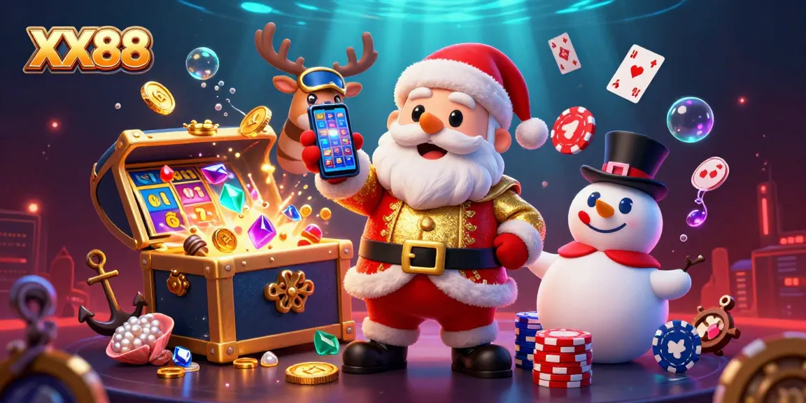 Engage with XX88's vibrant 3D casino scene featuring Santa and friends enjoying jackpot slots.