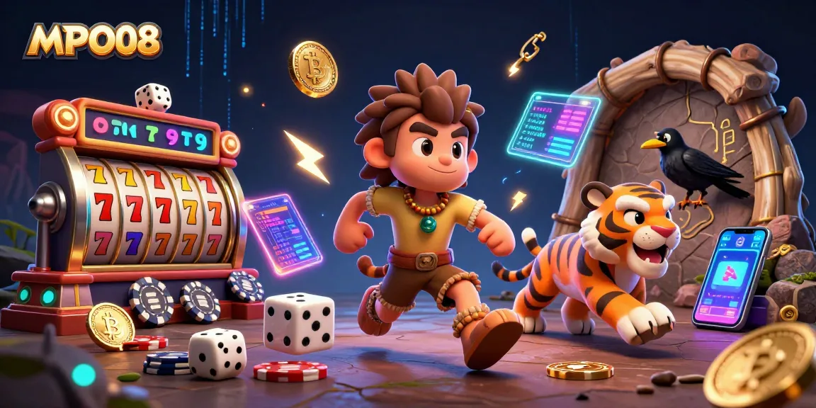 Experience thrilling wins at MPO08 with an engaging prehistoric casino scene featuring captivating characters and vibrant elements.