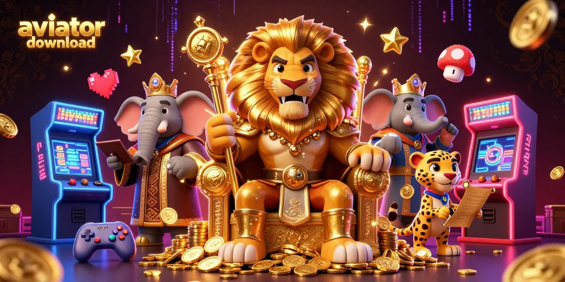 Aviator download game scene with a lion king, elephant advisor, and cheetah amidst dynamic casino elements.