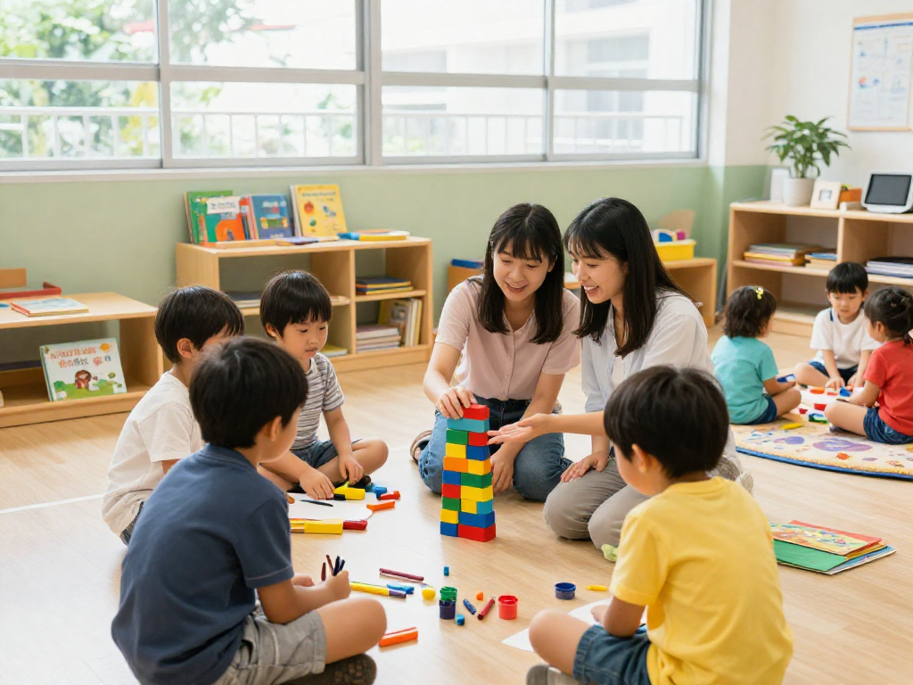 Engaged children at a Singapore preschool, showcasing inquiry-based learning experiences in a vibrant environment, promoting multicultural education for シンガポール 幼稚園 日本人.
