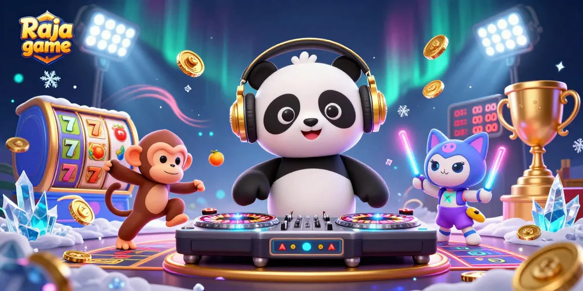 Engage with Raja game as a DJ panda and friends spin and win in a vibrant 3D gaming world.