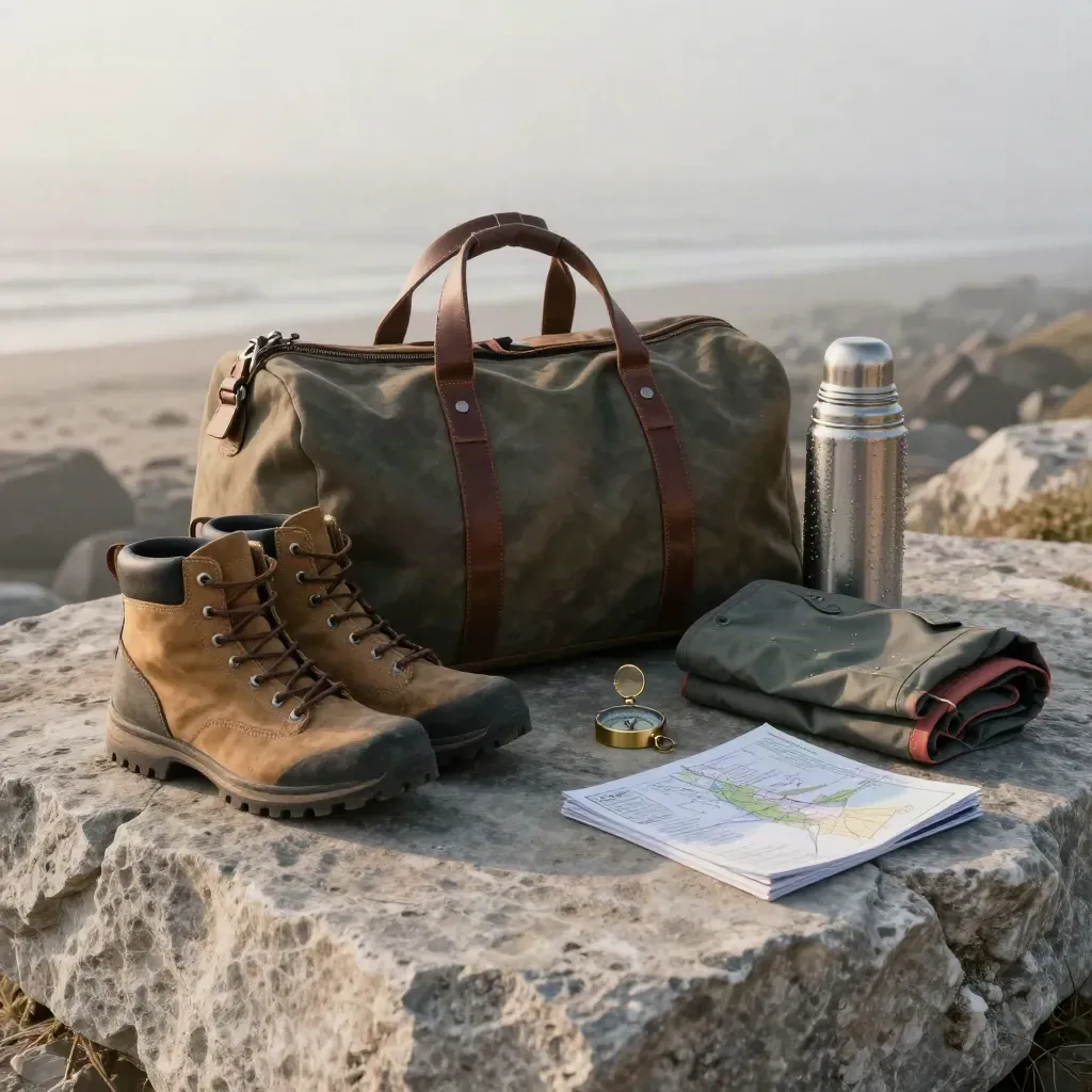 Weekend travel kit on pale stone at dawn with duffel, boots, thermos, compass, and route booklet.