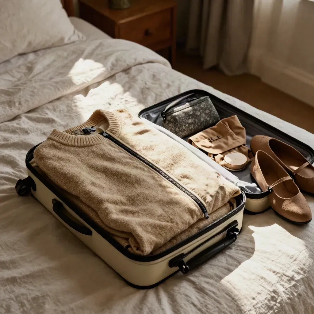 Open carry-on on a guesthouse bed, packed for a two-night escape in soft morning light.