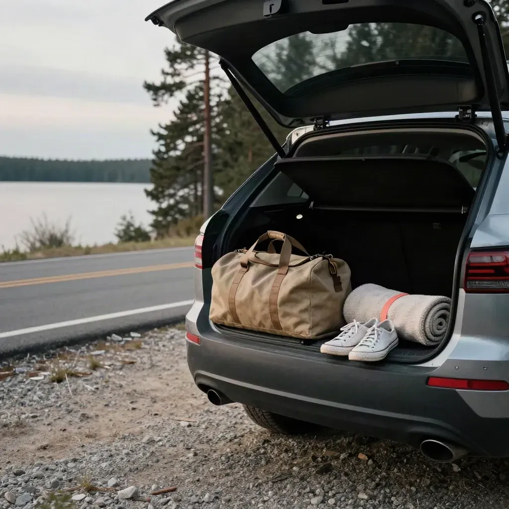 Open hatchback loaded with duffel, sneakers and picnic blanket at a windy lakeside turnout.