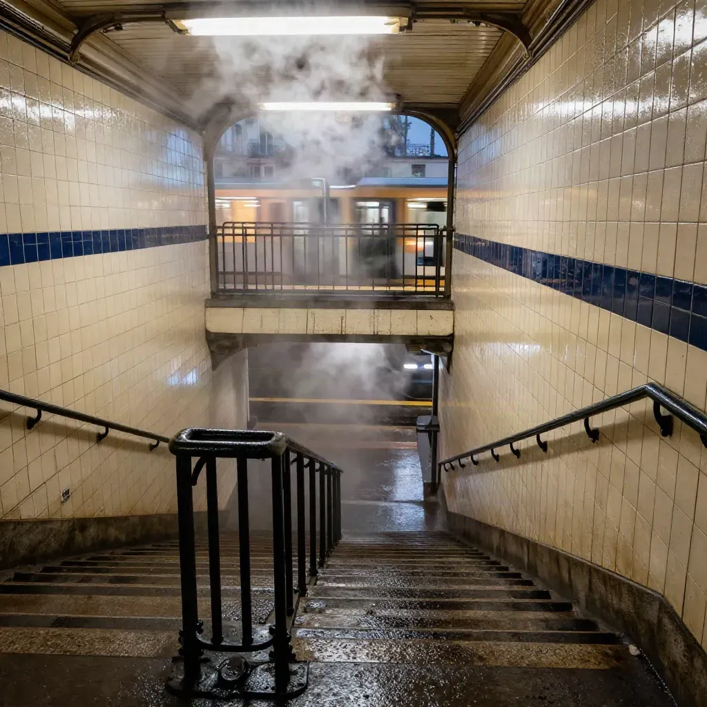 Rainy Paris Metro stairwell with glowing train below and iron railings.
