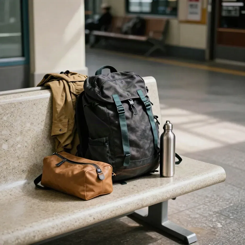 Solo travel kit on a station bench with backpack, jacket, bottle and pouch in soft morning light.