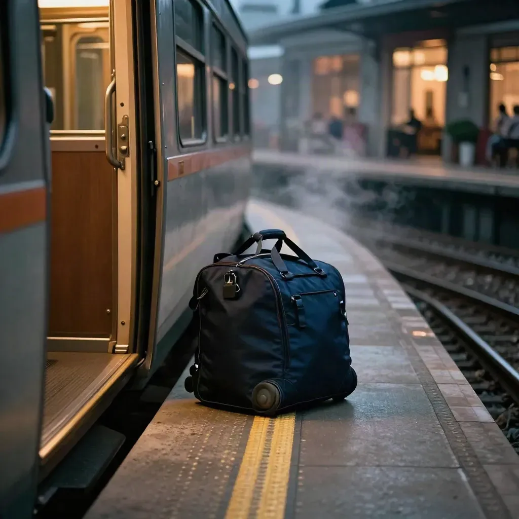 Open train doors, overnight bag, and warm city lights beyond the tracks.