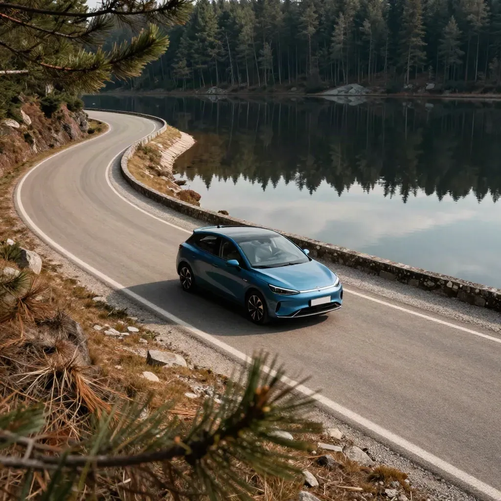 Sky-blue compact car rounds a quiet lake road beside pines and mirrored water.