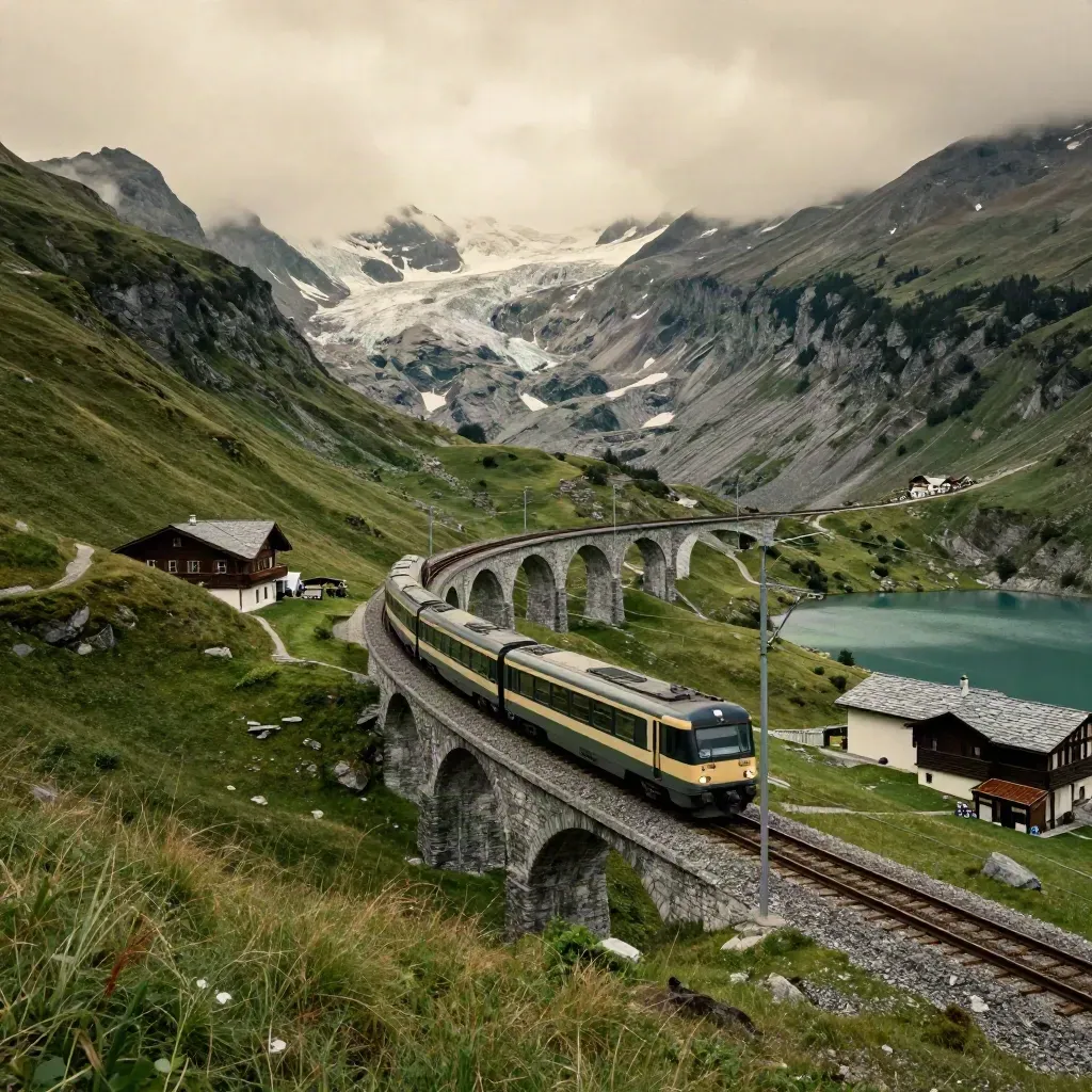 Train rounds an alpine curve into a stone viaduct above a green valley and ridge hotels.