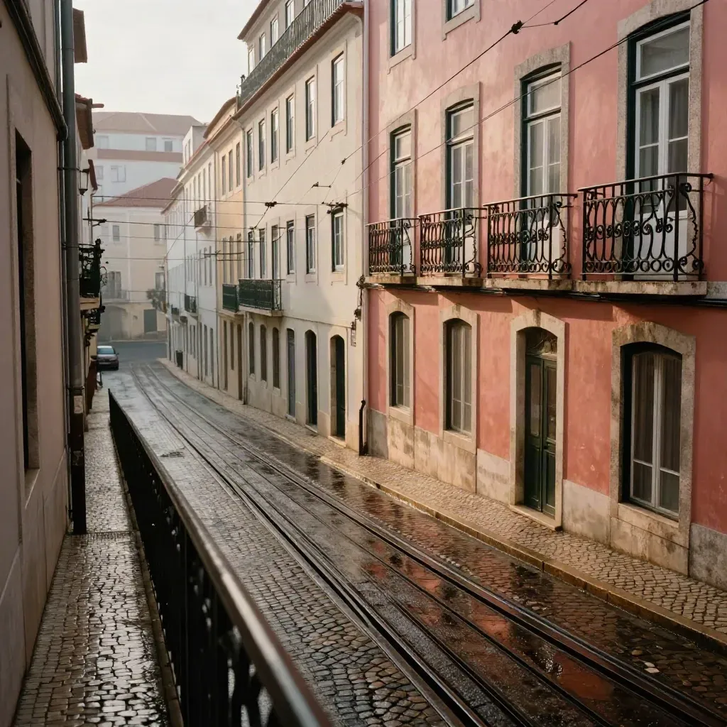 Balcony view down a rain-wet Lisbon hill street with tram cables and sunlit facades.