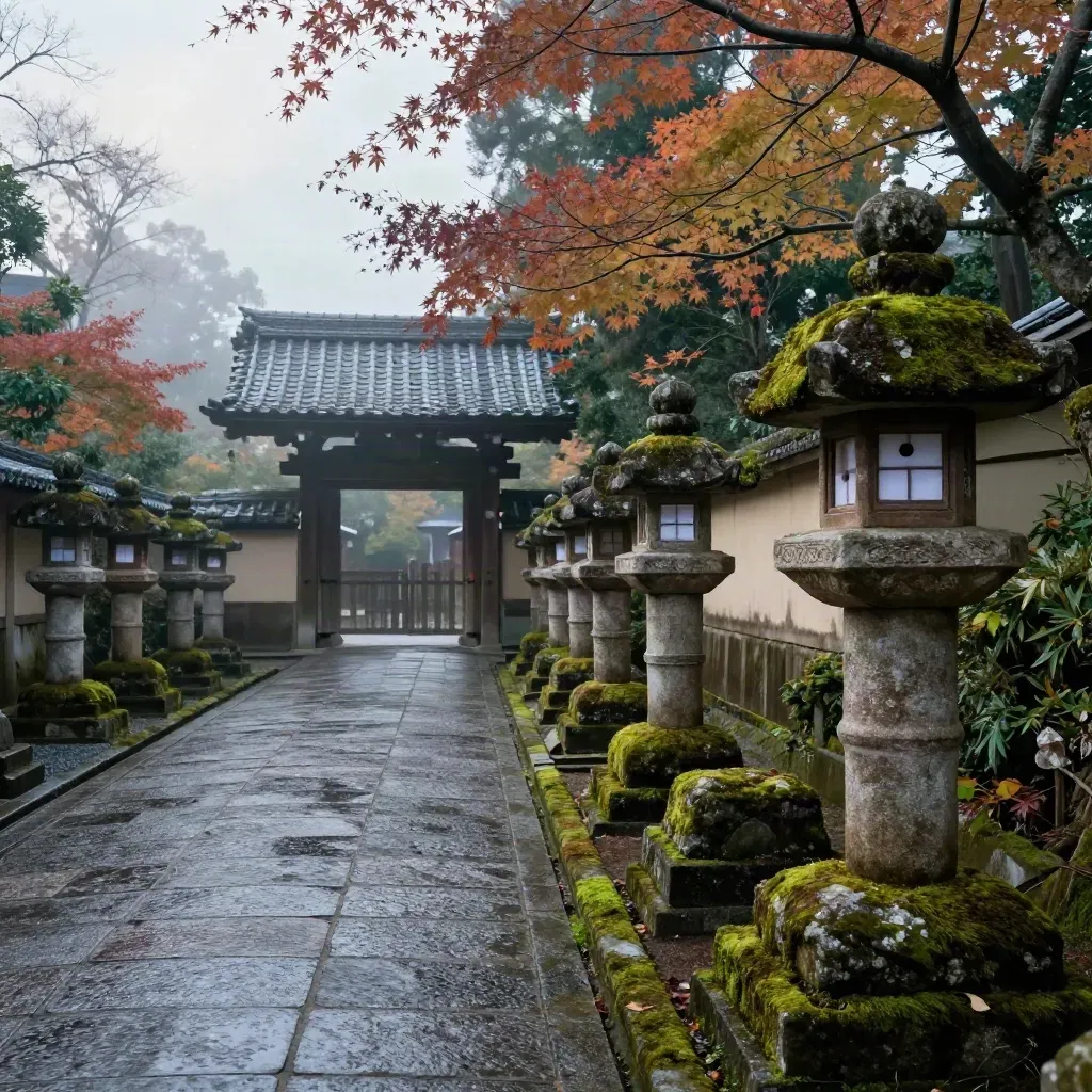 Misty Kyoto temple path with stone lanterns, moss, and a cedar gate framed by soft maples.