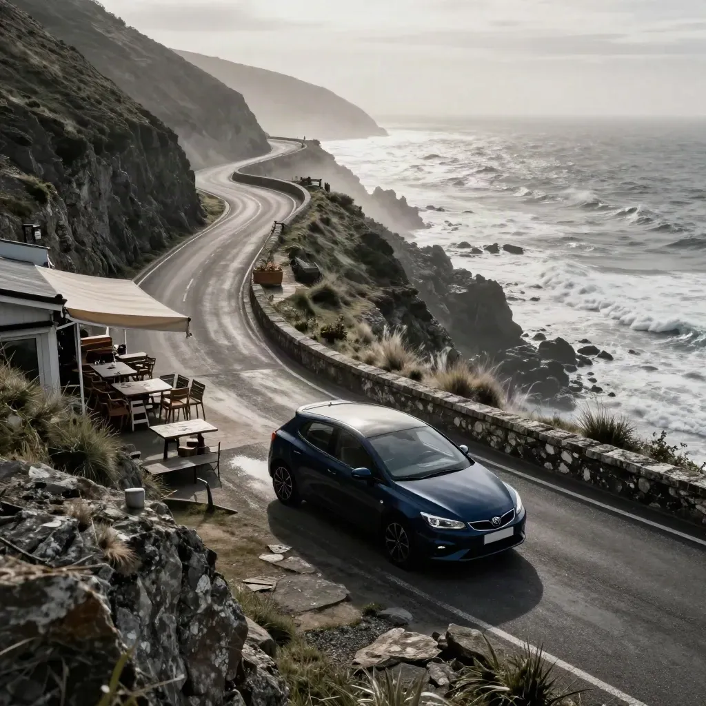 Coastal road pull-off above the sea with a parked navy car and cliffside lunch stop