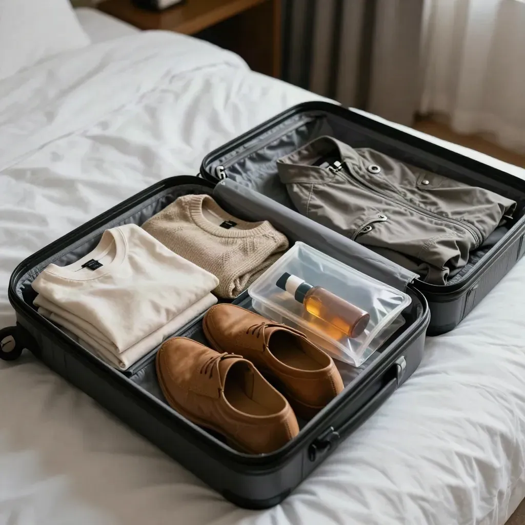 Opened carry-on on a hotel bed with layered clothes, shoes, toiletry kit, and a folded jacket.