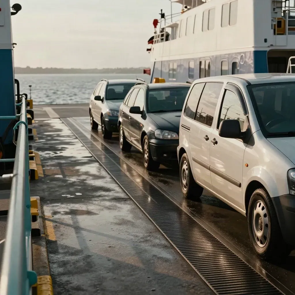 Low dock view of vehicles boarding a ferry, with a wet ramp and teal rail reflecting harbor light.