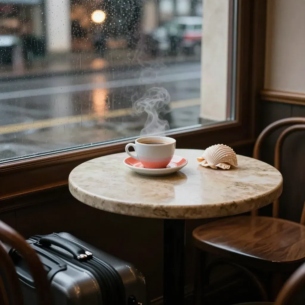 Rainy cafe table with a steaming cup, coral saucer, and blurred wet street beyond the window.