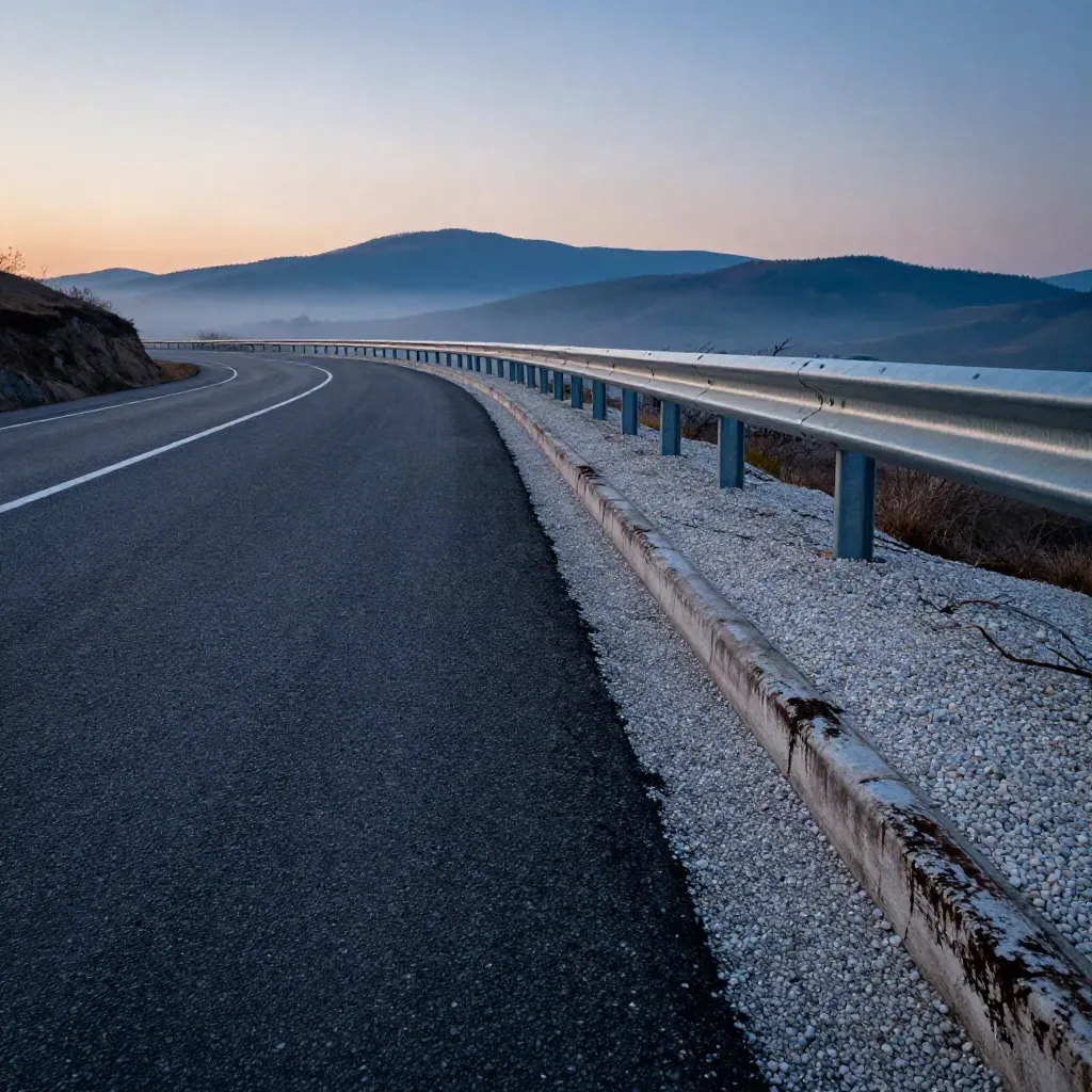 Empty sunrise pull-off on an open road, gravel turnout, blue hills, light touching asphalt.