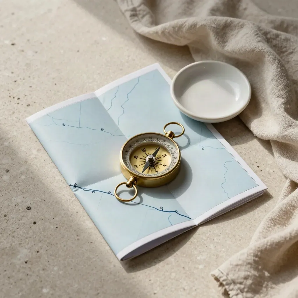 Overhead travel route kit with compass, map packet, dish, and linen cloth on pale stone.