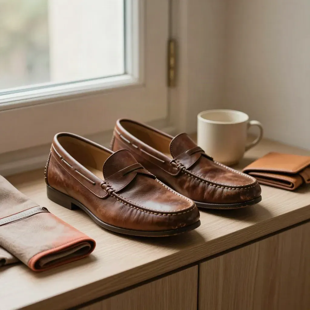 Walking loafers with scarf, cup, and transit wallet on a pale wood entry shelf
