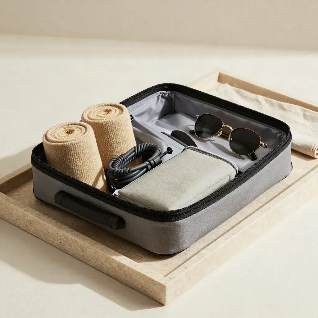 Packing cube, socks, cable, sunglasses and wash pouch on a stone tray in soft daylight.