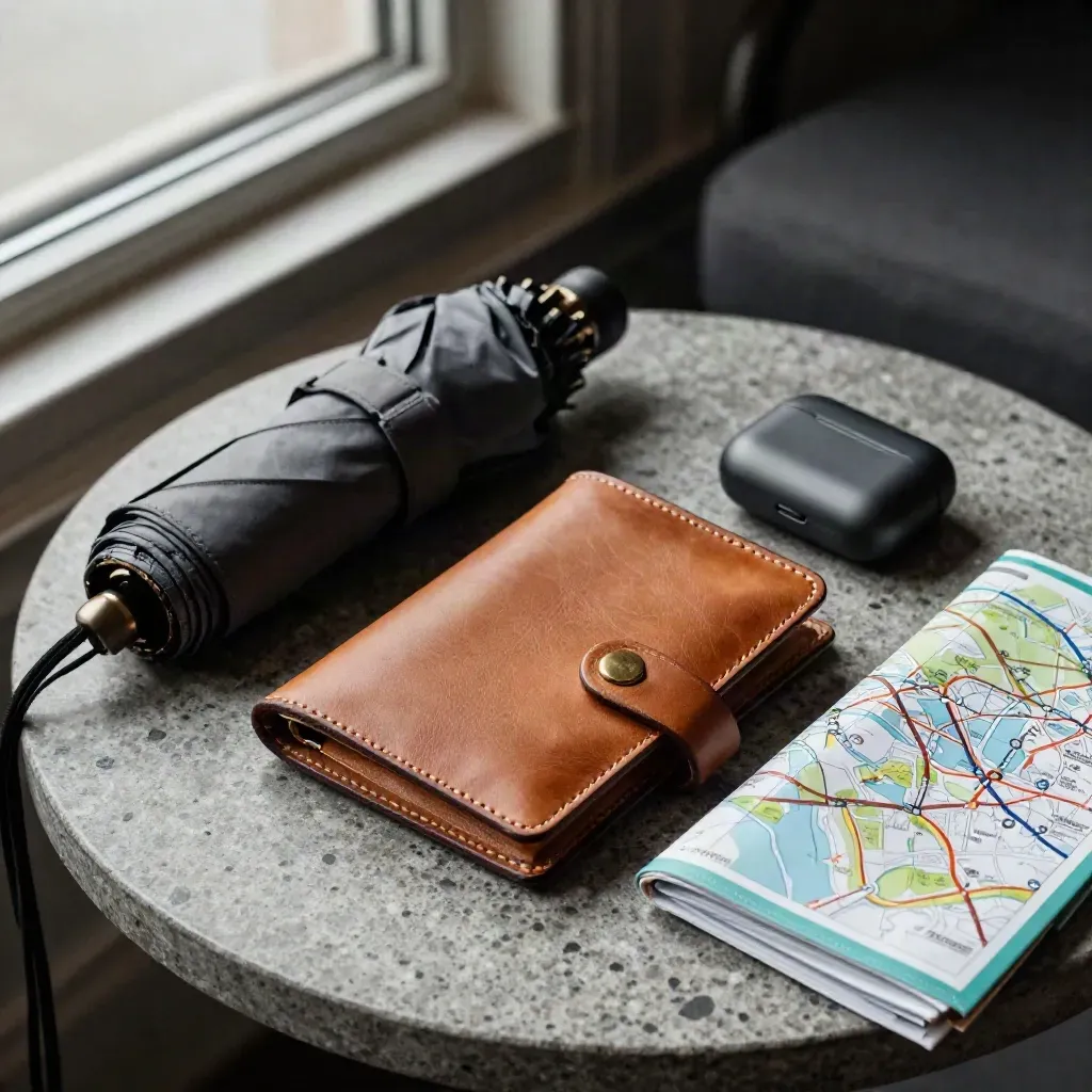 Leather travel wallet with umbrella, earbuds case, and transit map sleeve on stone.