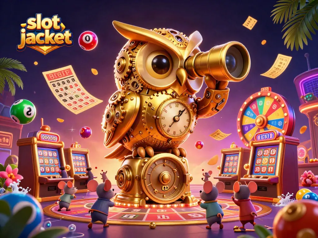 Experience the thrill of slot jackpot excitement with a golden owl and vibrant casino elements.