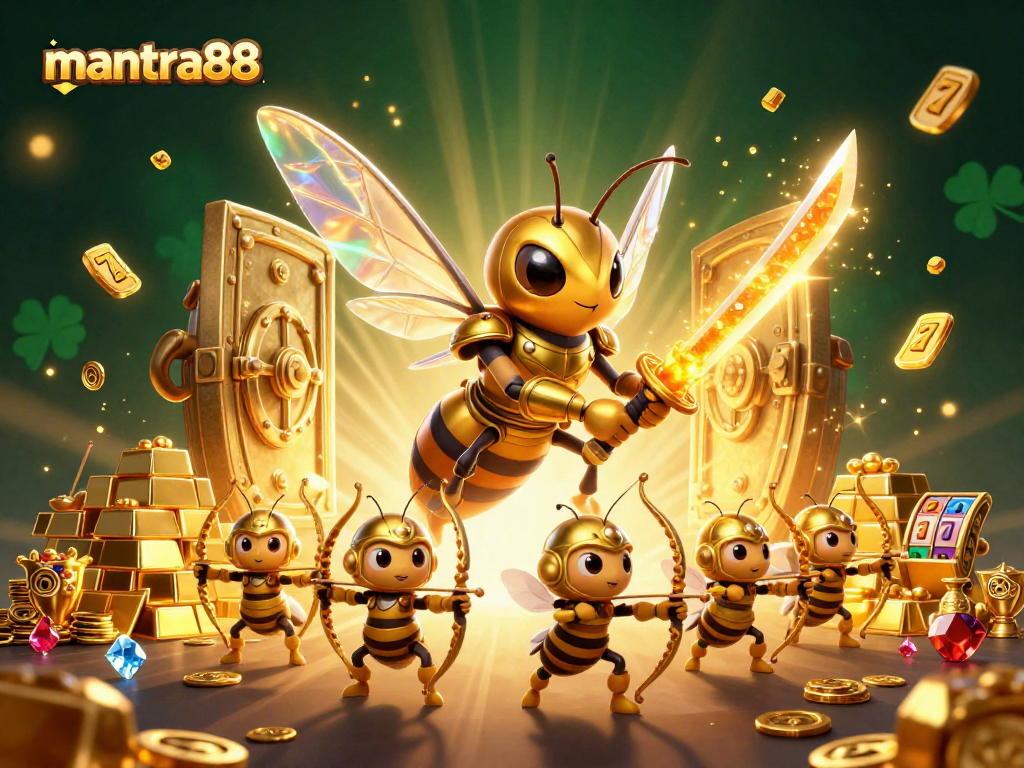Experience mantra88's dynamic gaming scene with a golden hornet and treasure elements.
