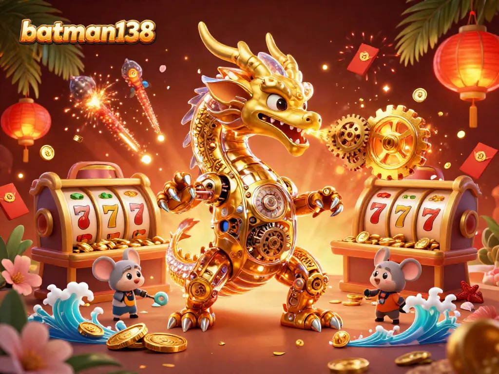 Experience exciting gameplay with batman138 as vibrant slot reels and a golden dragon energize the casino atmosphere.