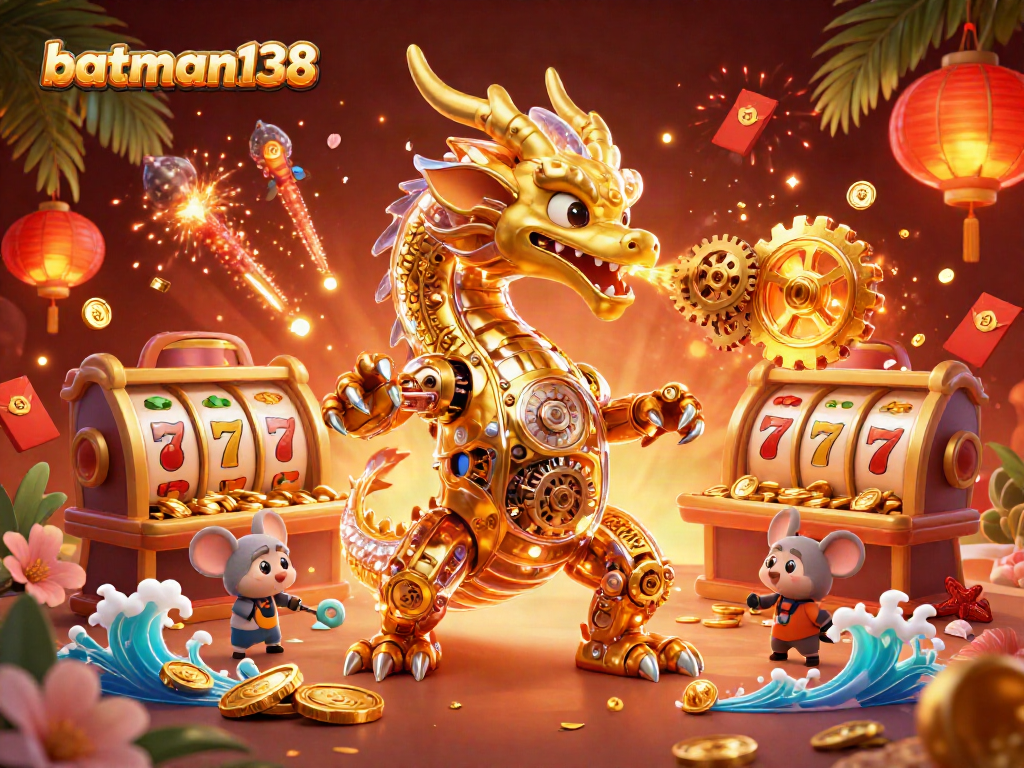 Experience exciting gameplay with batman138 as vibrant slot reels and a golden dragon energize the casino atmosphere.