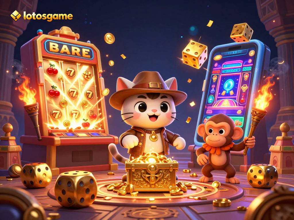 Engage with lotosgame's thrilling casino adventures as a cartoon archaeologist cat explores a treasure-filled temple.