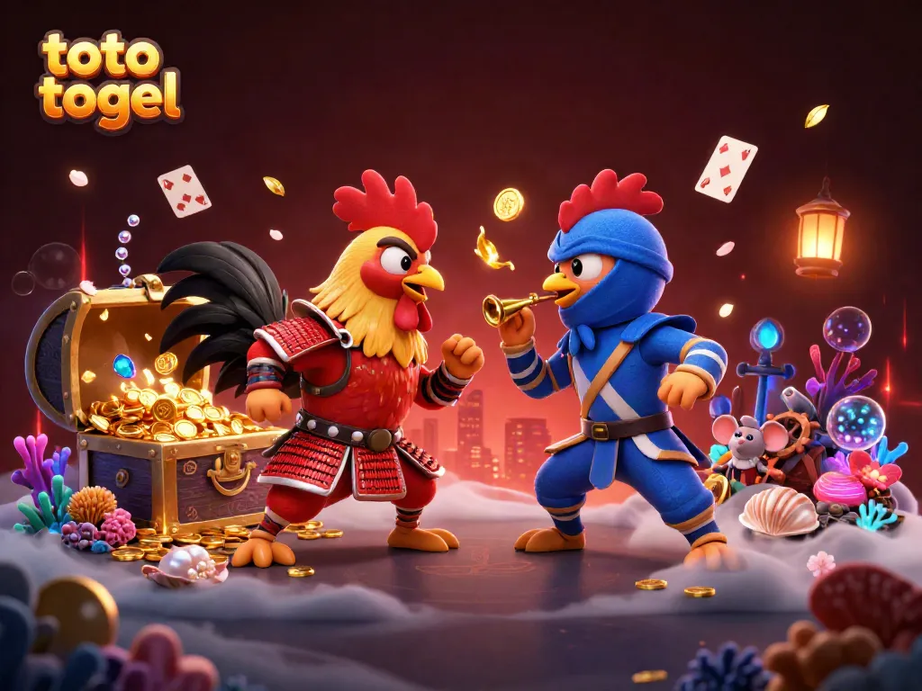 Engage in the thrill of toto togel with this dynamic 3D rooster duel scene.