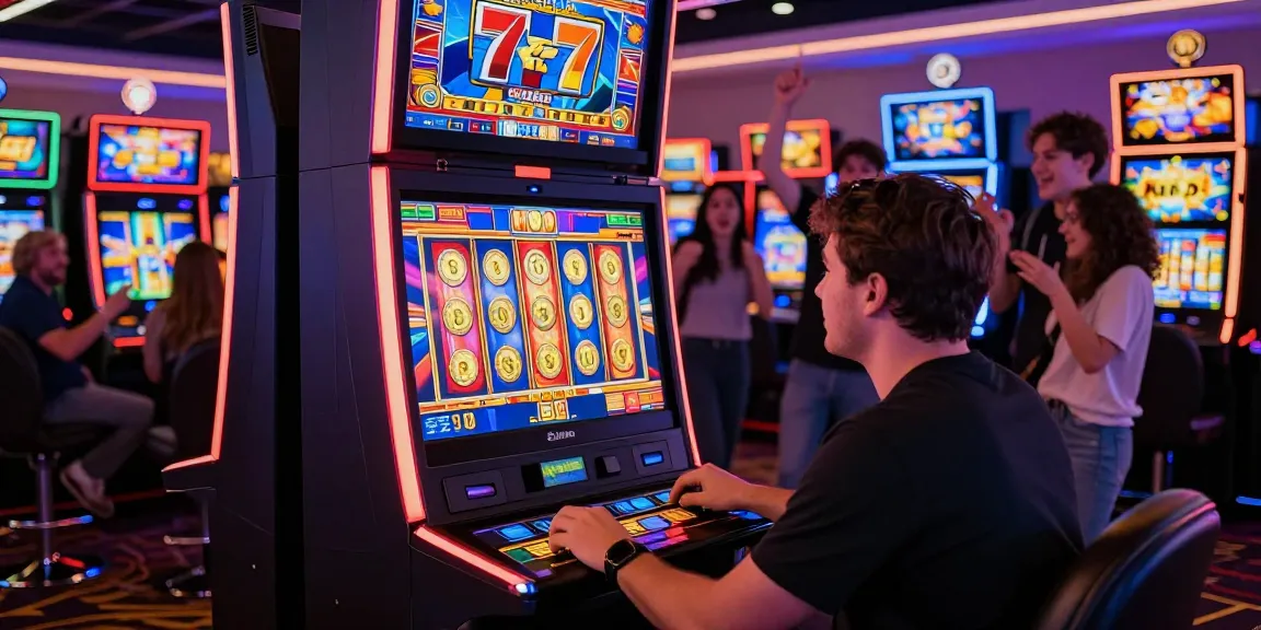 Exciting moment playing 777 slot at a vibrant casino, coins cascading, neon lights, and lively atmosphere.