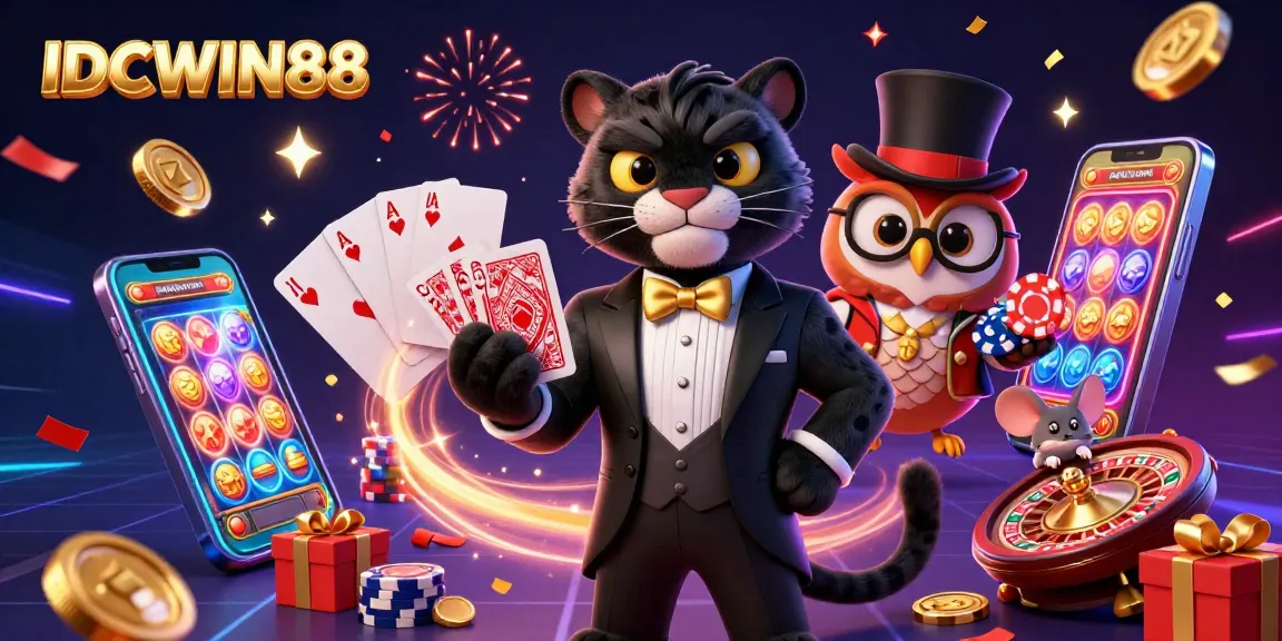 Engage with IDCWIN88 as a stylish panther deals cards amidst vibrant casino elements and festive atmosphere.