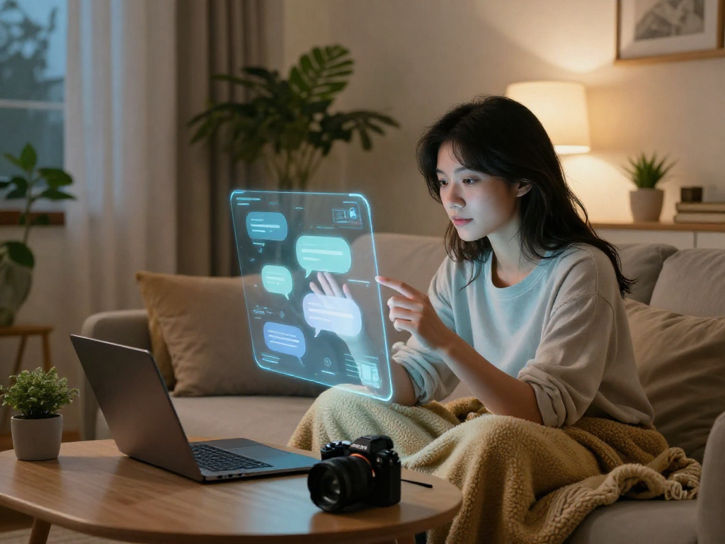 AI girlfriend conversation in a cozy living room with ambient lighting