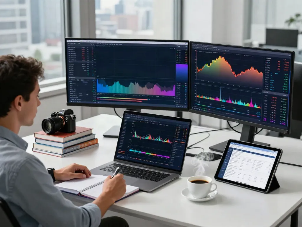 Financial analyst using TradingView in a modern office, analyzing charts and data.